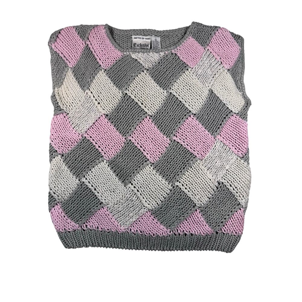 Vintage Exclusive Imports Hand Knit Argyle Sweater Vest L Pink Gray Korea